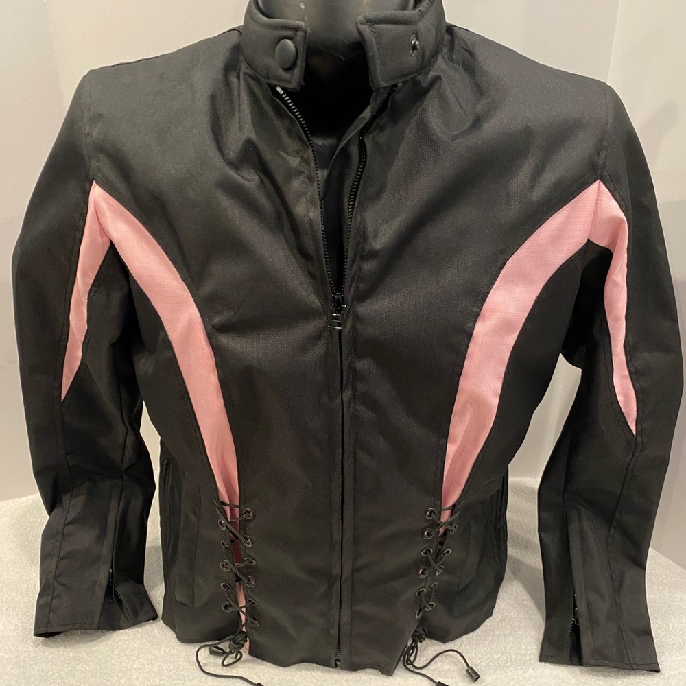 Woman’s I-K Textiles Motorcycle Jacket. Black and Pink.